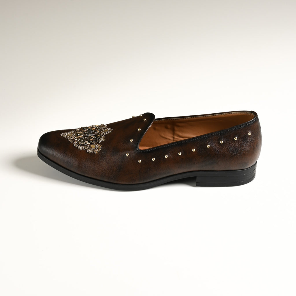 Men's Dark Brown Embellished Studded Designer Slip-On Loafers