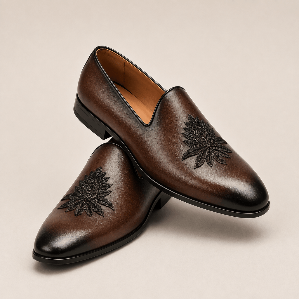 Men's Dark Brown Leaf Embroidered Vegan Leather Slip-On Loafers - Zikolifestyle