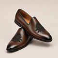 Men's Dark Brown Leaf Embroidered Vegan Leather Slip-On Loafers - Zikolifestyle
