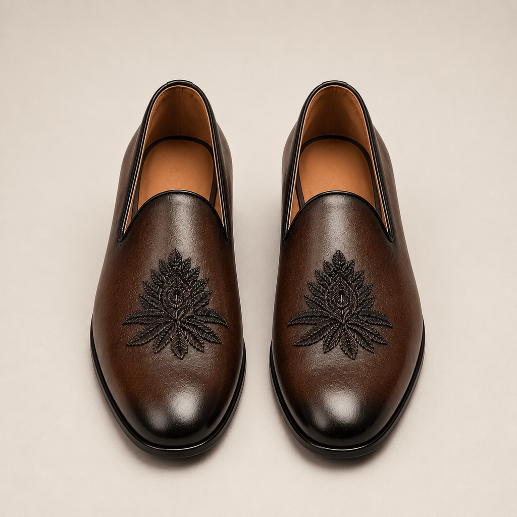 Men's Dark Brown Leaf Embroidered Vegan Leather Slip-On Loafers - Zikolifestyle
