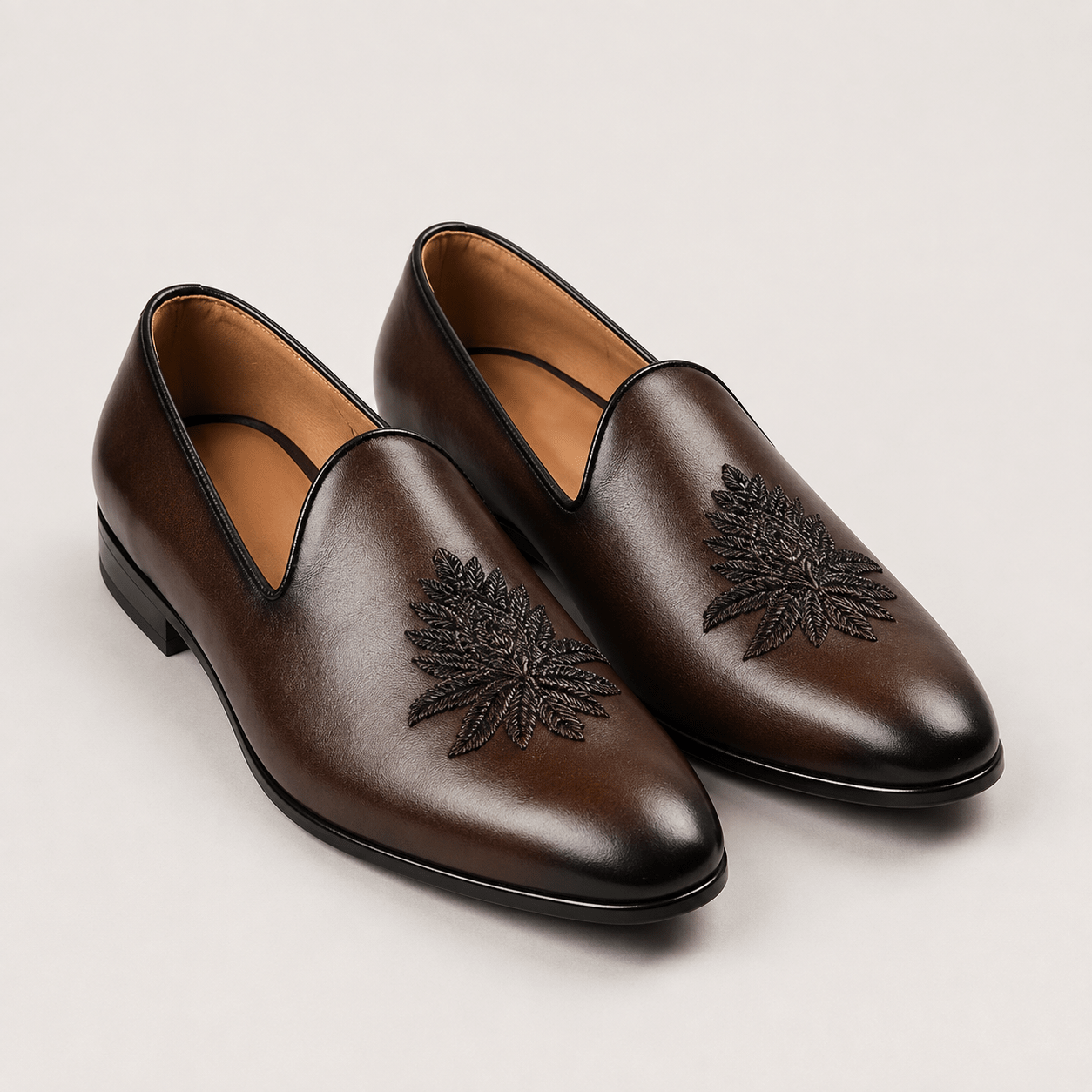 Men's Dark Brown Leaf Embroidered Vegan Leather Slip-On Loafers - Zikolifestyle