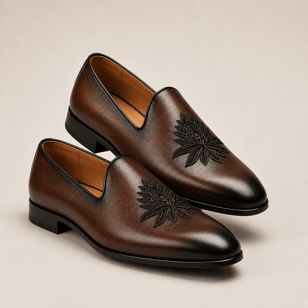 Men's Dark Brown Leaf Embroidered Vegan Leather Slip-On Loafers - Zikolifestyle