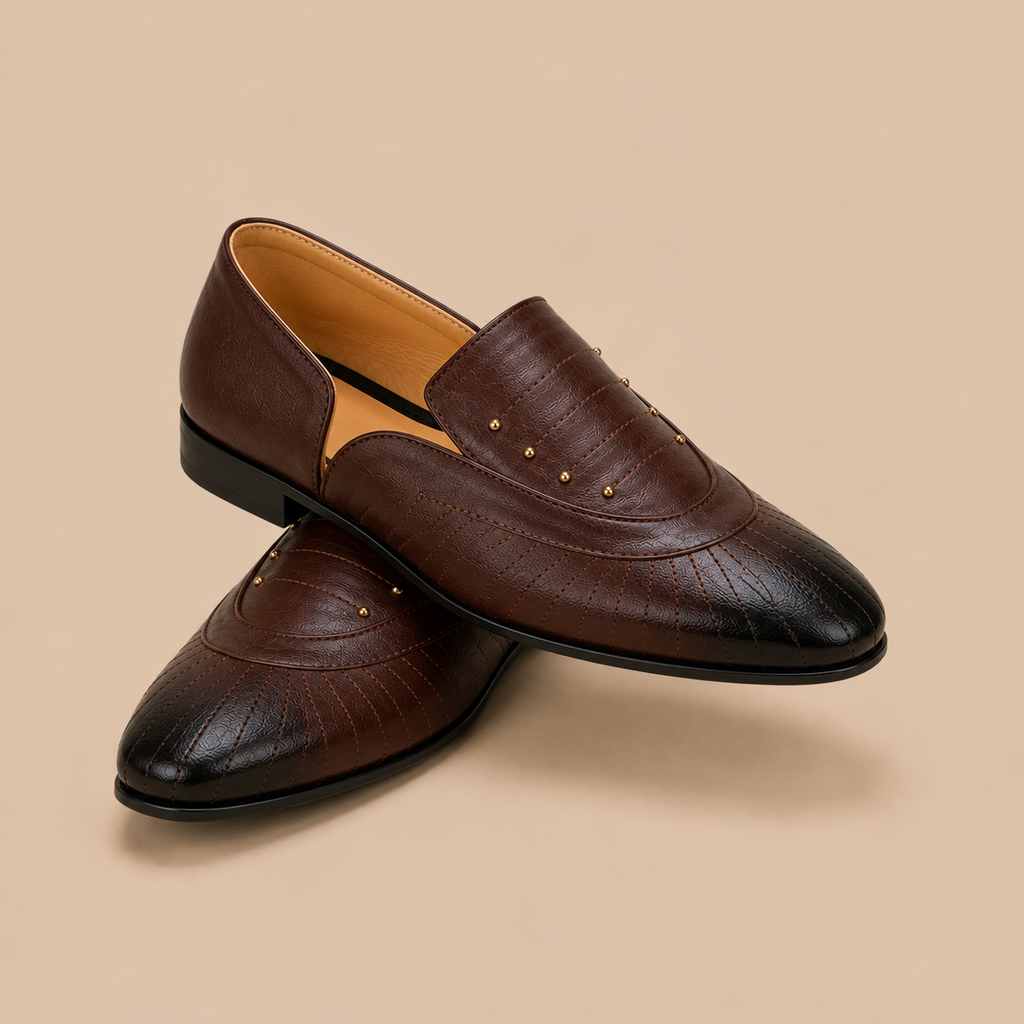 Men's Dark Brown Quilted Studded Vegan Leather Slip-On Loafers