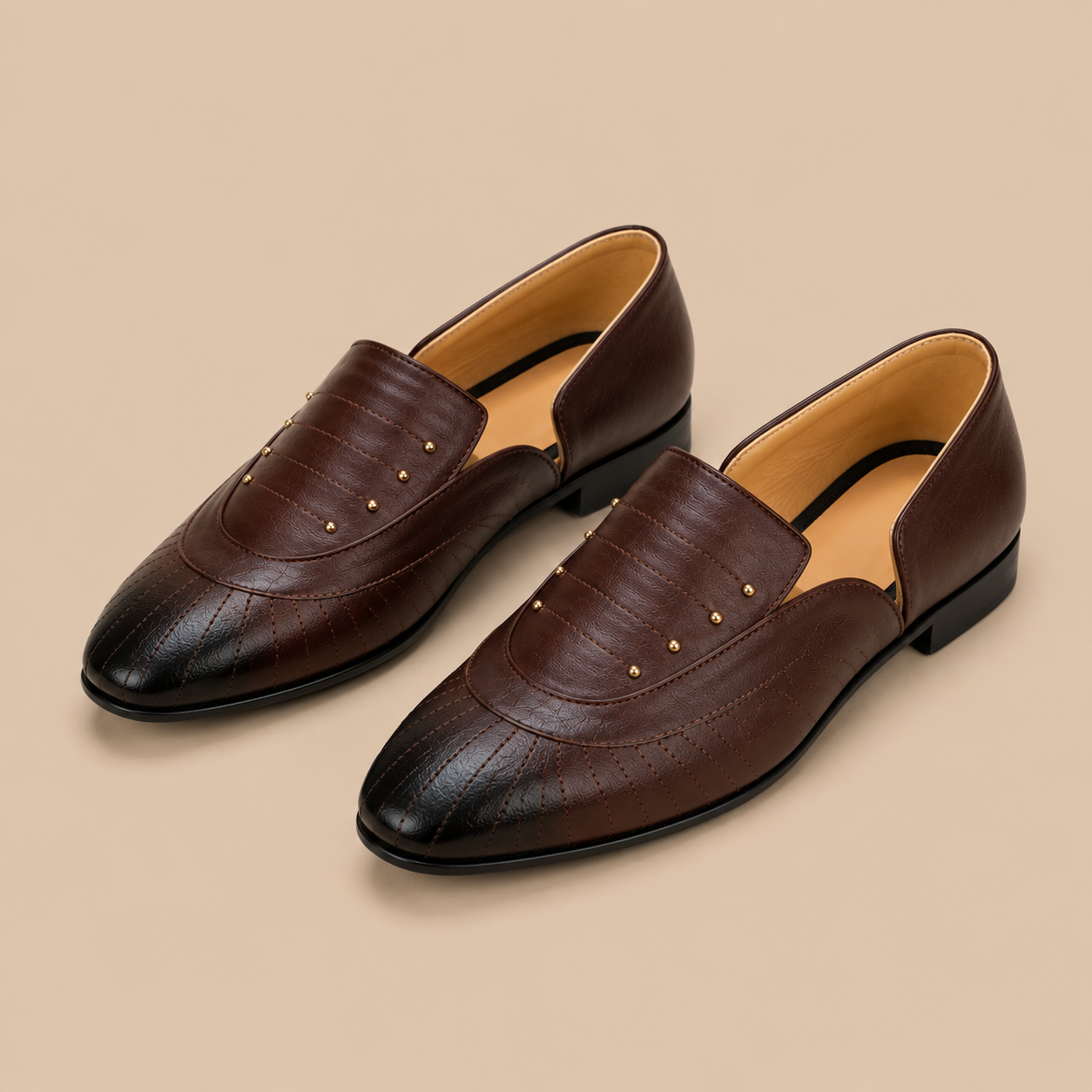 Men's Dark Brown Quilted Studded Vegan Leather Slip-On Loafers