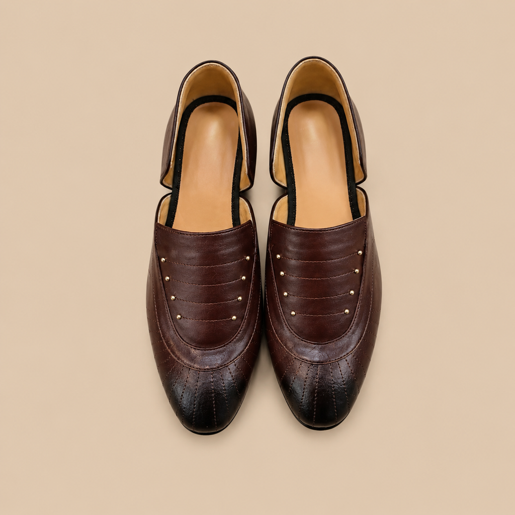 Men's Dark Brown Quilted Studded Vegan Leather Slip-On Loafers