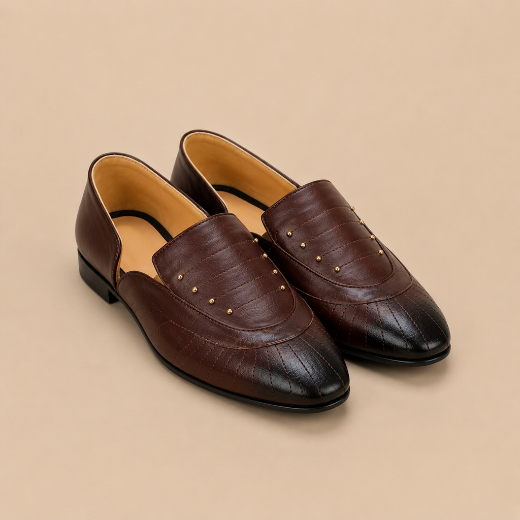 Men's Dark Brown Quilted Studded Vegan Leather Slip-On Loafers