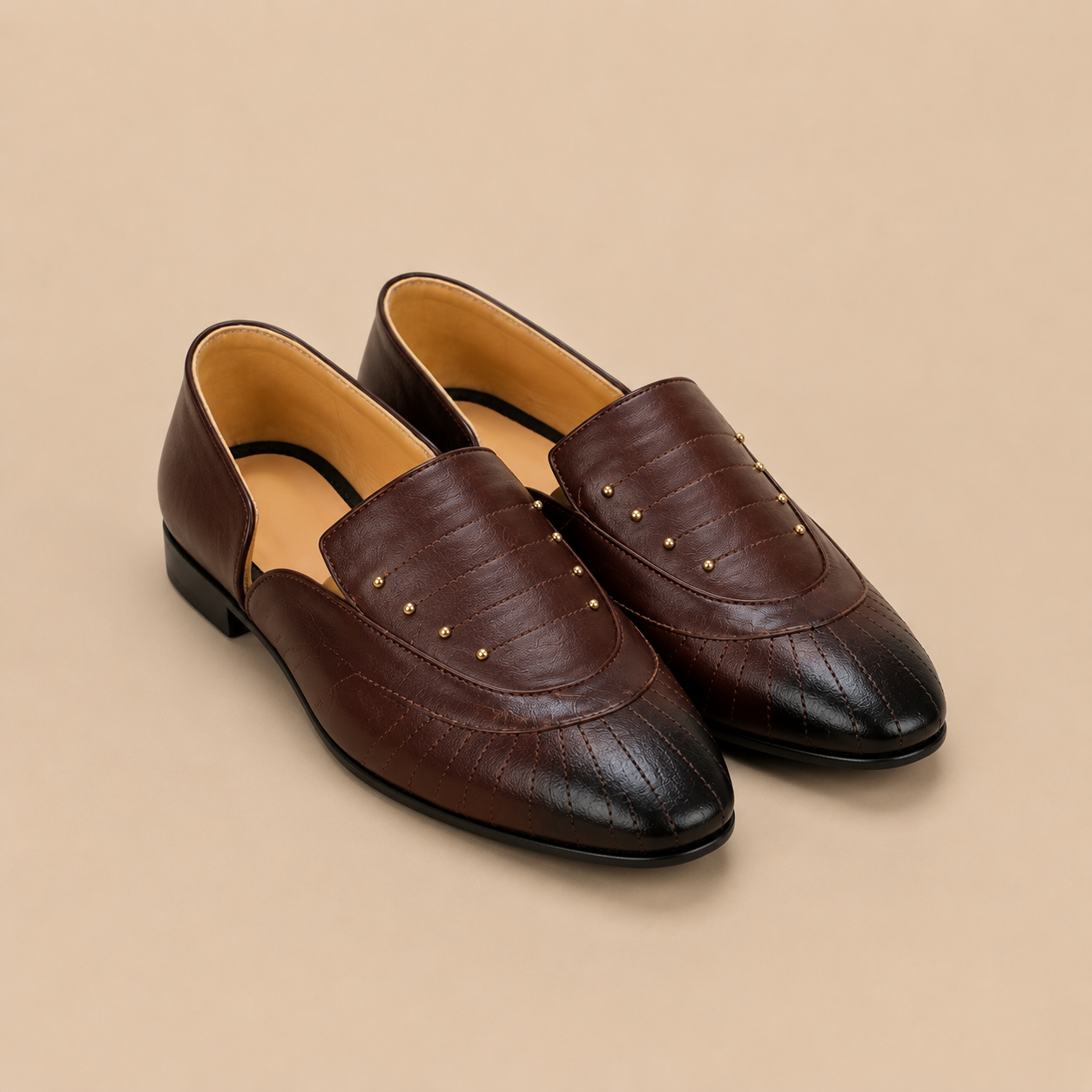 Men's Dark Brown Quilted Studded Vegan Leather Slip-On Loafers