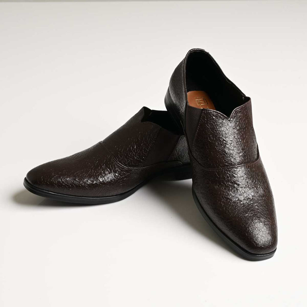 Men's Dark Brown Textured Vegan Leather Slip-On Formal Shoes - Zikolifestyle