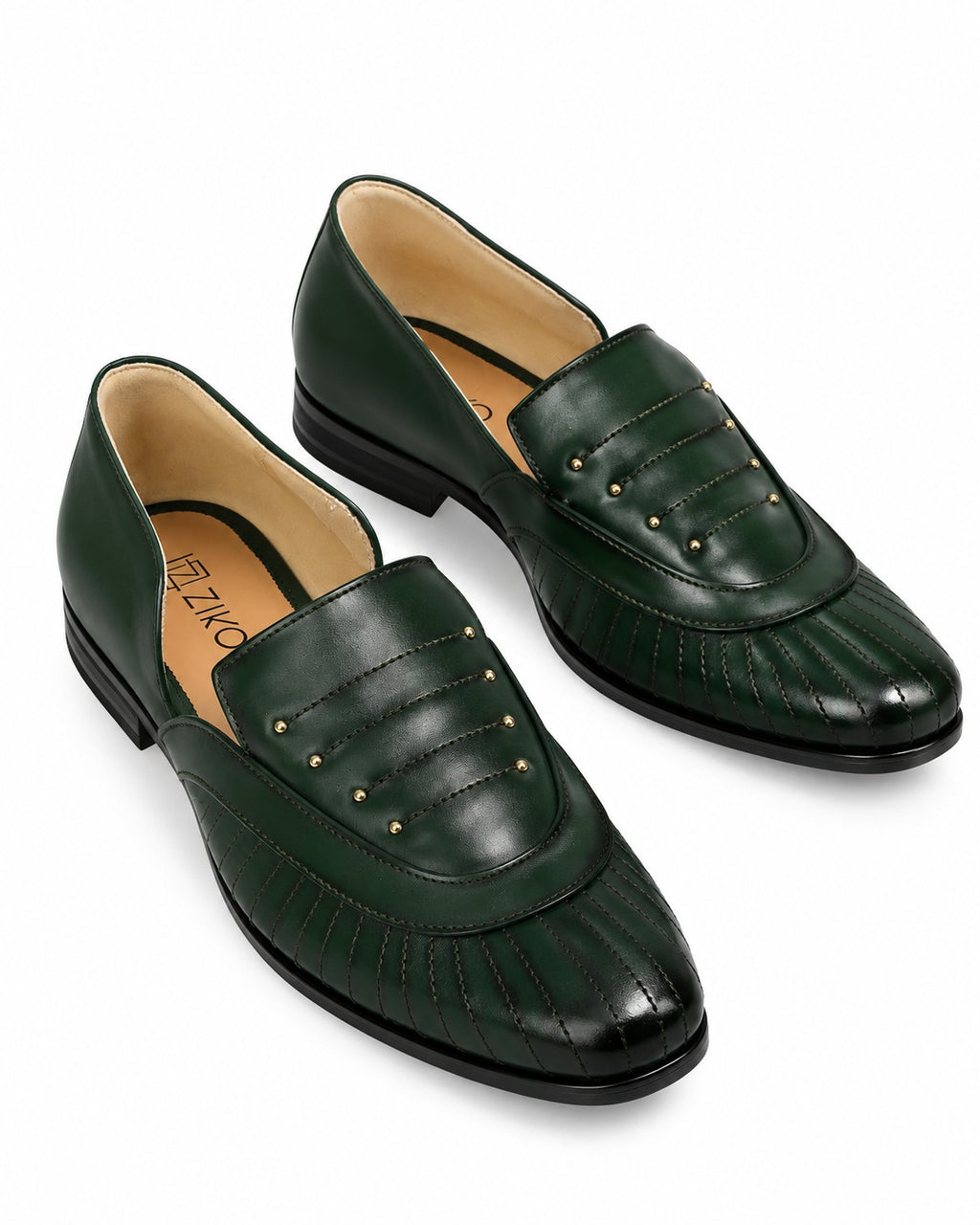 Men's Dark Green Quilted Studded Vegan Leather Slip-On Loafers