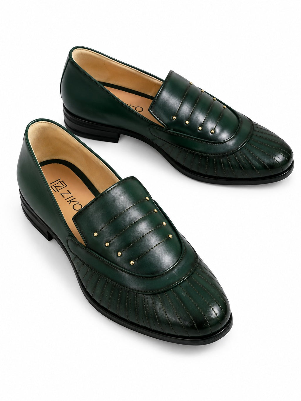 Men's Dark Green Quilted Studded Vegan Leather Slip-On Loafers
