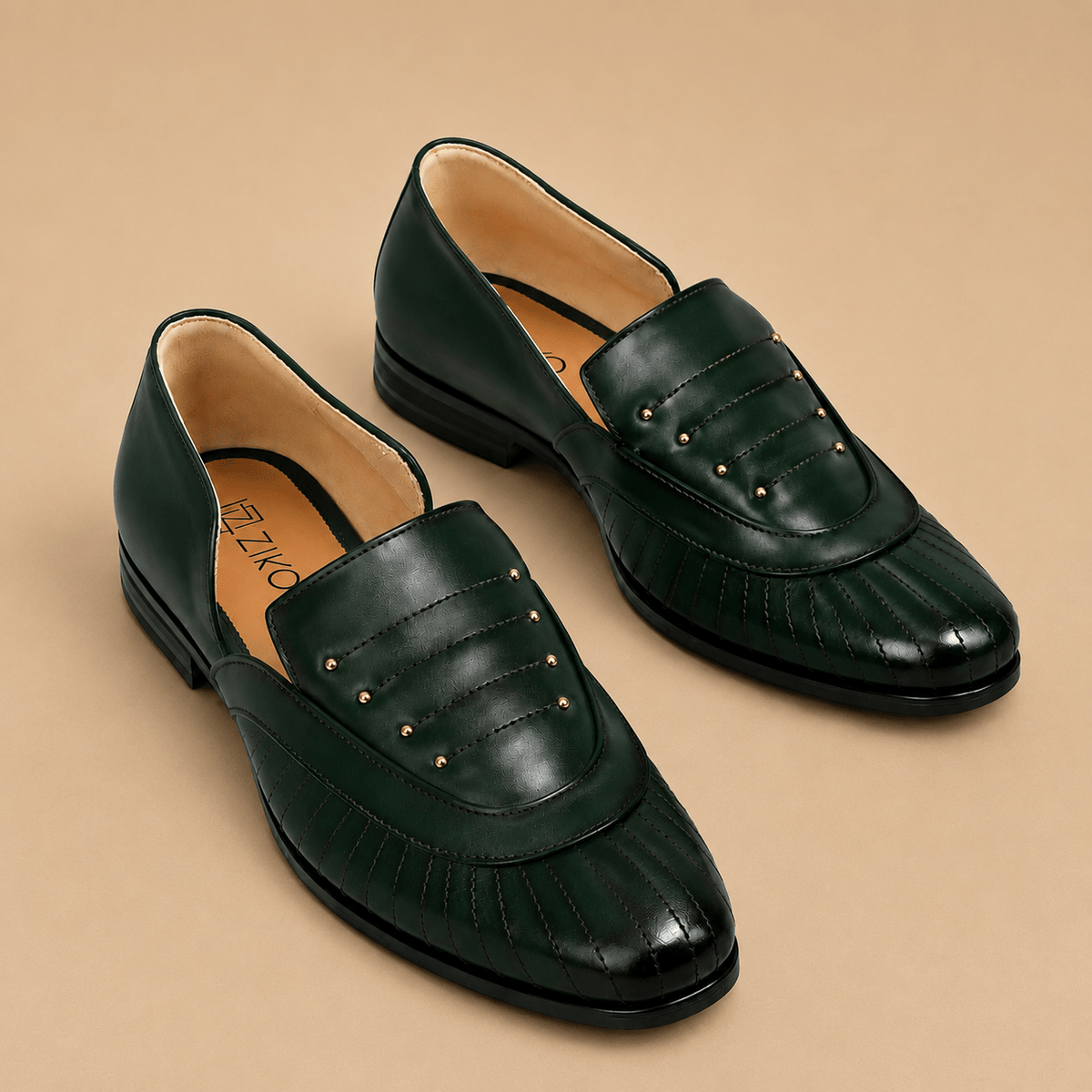 Men's Dark Green Quilted Studded Vegan Leather Slip-On Loafers - Zikolifestyle