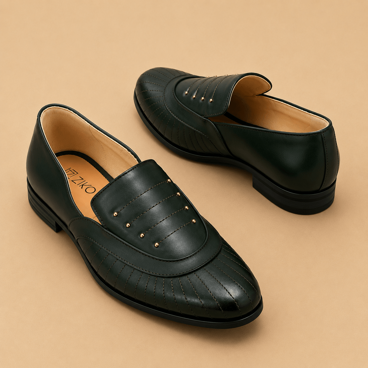 Men's Dark Green Quilted Studded Vegan Leather Slip-On Loafers - Zikolifestyle