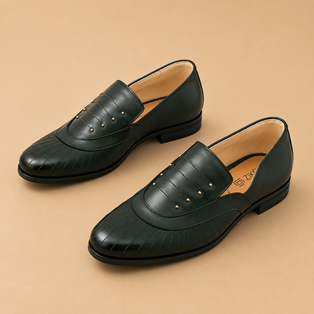 Men's Dark Green Quilted Studded Vegan Leather Slip-On Loafers - Zikolifestyle