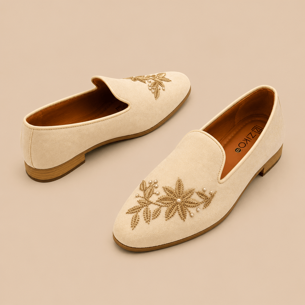 Men's Ivory Floral Embroidered Pearl Vegan Leather Slip-On Loafers - Zikolifestyle
