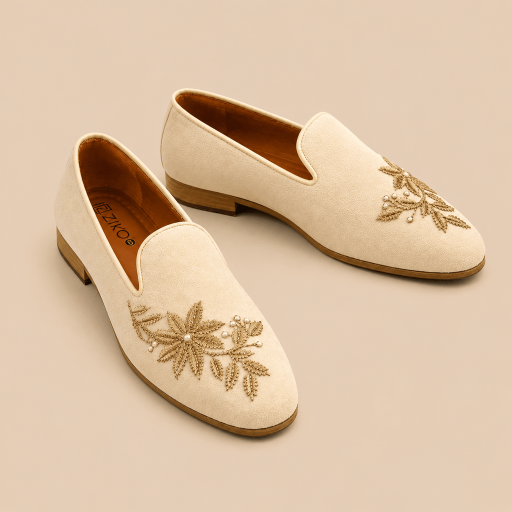 Men's Ivory Floral Embroidered Pearl Vegan Leather Slip-On Loafers - Zikolifestyle