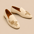 Men's Ivory Floral Embroidered Pearl Vegan Leather Slip-On Loafers - Zikolifestyle
