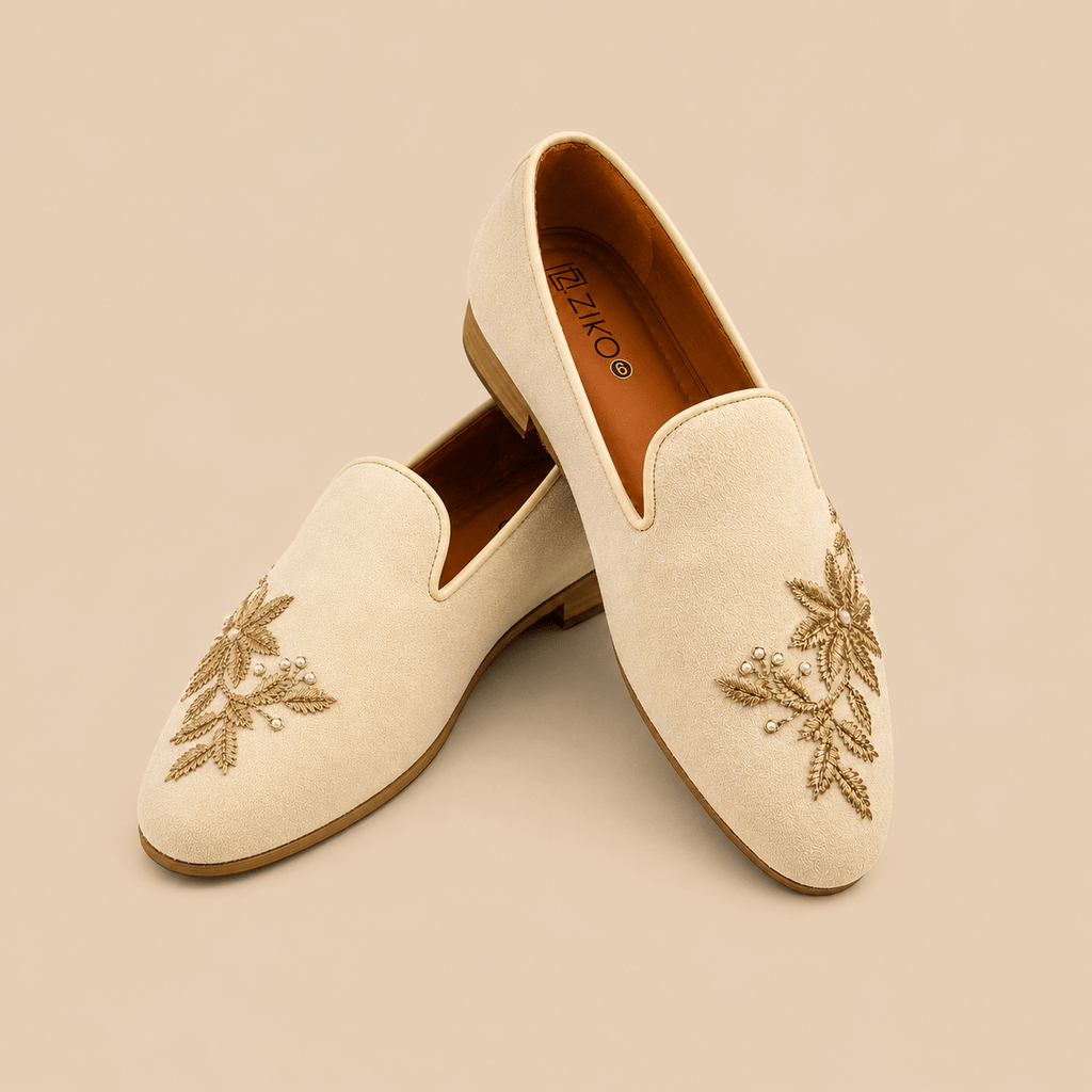 Men's Ivory Floral Embroidered Pearl Vegan Leather Slip-On Loafers - Zikolifestyle