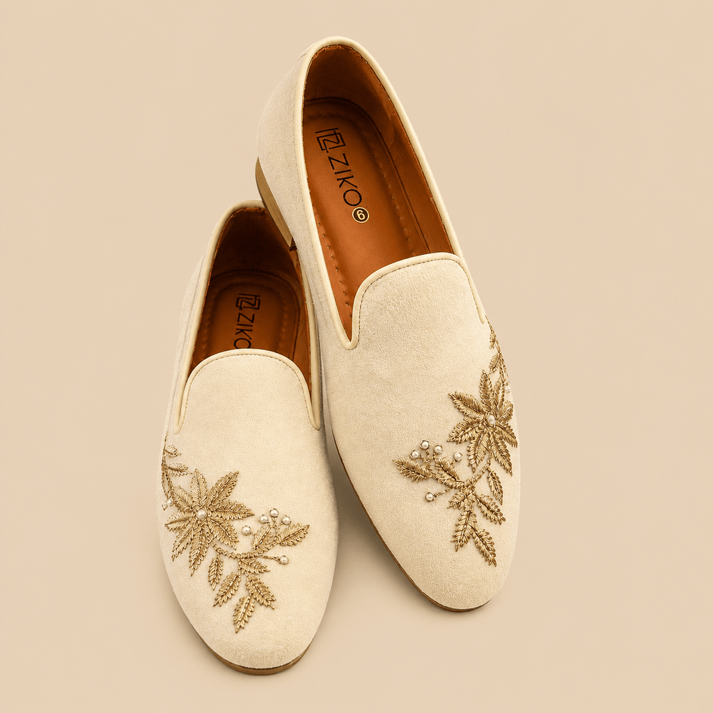 Men's Ivory Floral Embroidered Pearl Vegan Leather Slip-On Loafers - Zikolifestyle