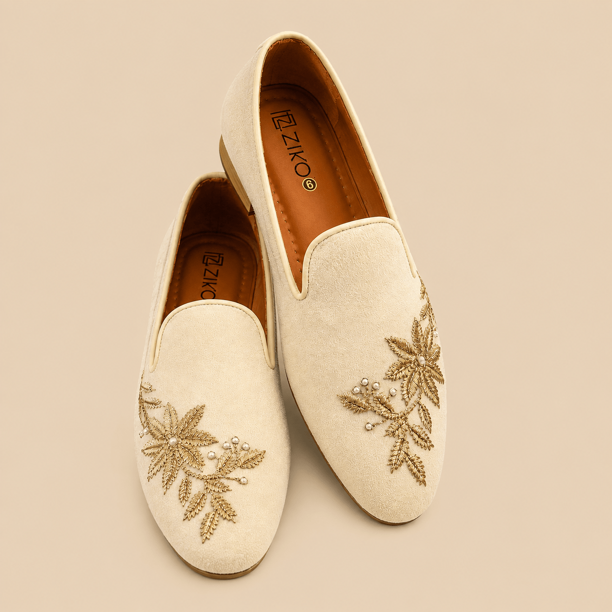 Men's Ivory Floral Embroidered Pearl Vegan Leather Slip-On Loafers - Zikolifestyle