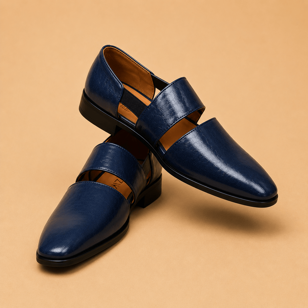 Men's Navy Blue Dual Strap Vegan Leather Slip-On Sandals - Zikolifestyle