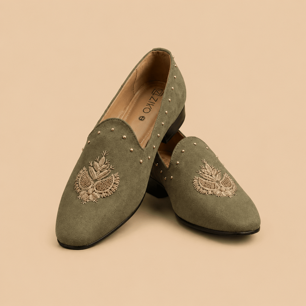 Men's Olive Green Embroidered Studded Vegan Leather Slip-On Loafers - Zikolifestyle