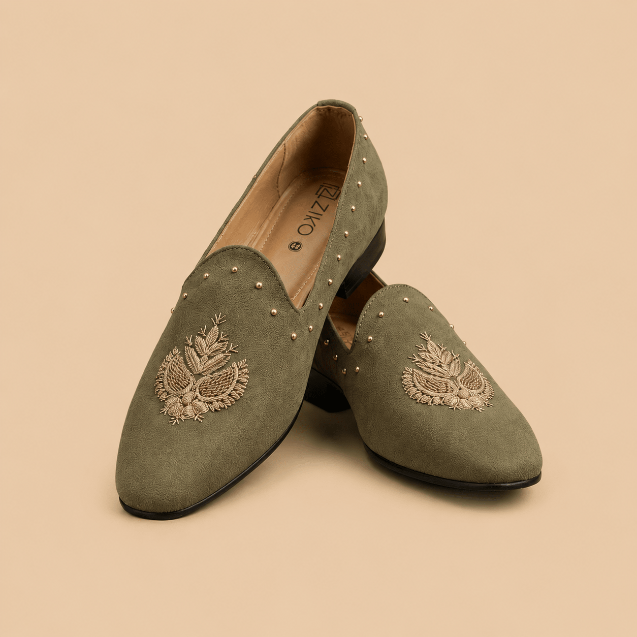 Men's Olive Green Embroidered Studded Vegan Leather Slip-On Loafers - Zikolifestyle