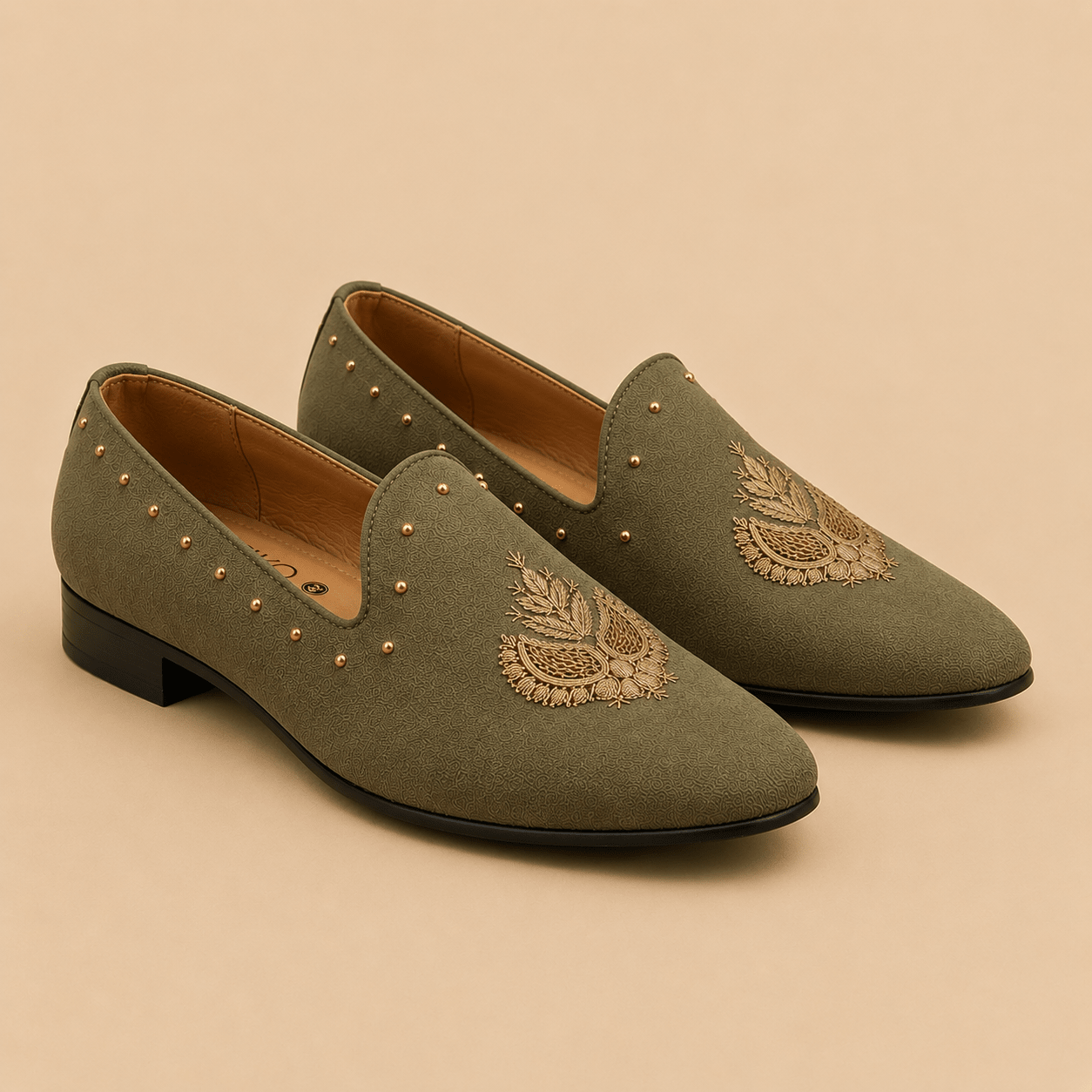 Men's Olive Green Embroidered Studded Vegan Leather Slip-On Loafers - Zikolifestyle