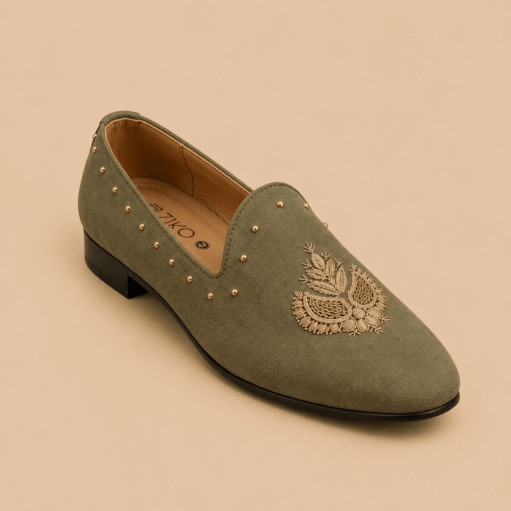 Men's Olive Green Embroidered Studded Vegan Leather Slip-On Loafers - Zikolifestyle