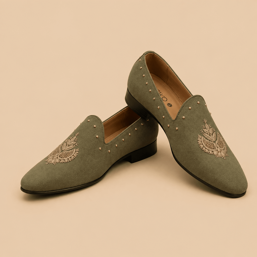 Men's Olive Green Embroidered Studded Vegan Leather Slip-On Loafers - Zikolifestyle