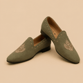 Men's Olive Green Embroidered Studded Vegan Leather Slip-On Loafers - Zikolifestyle