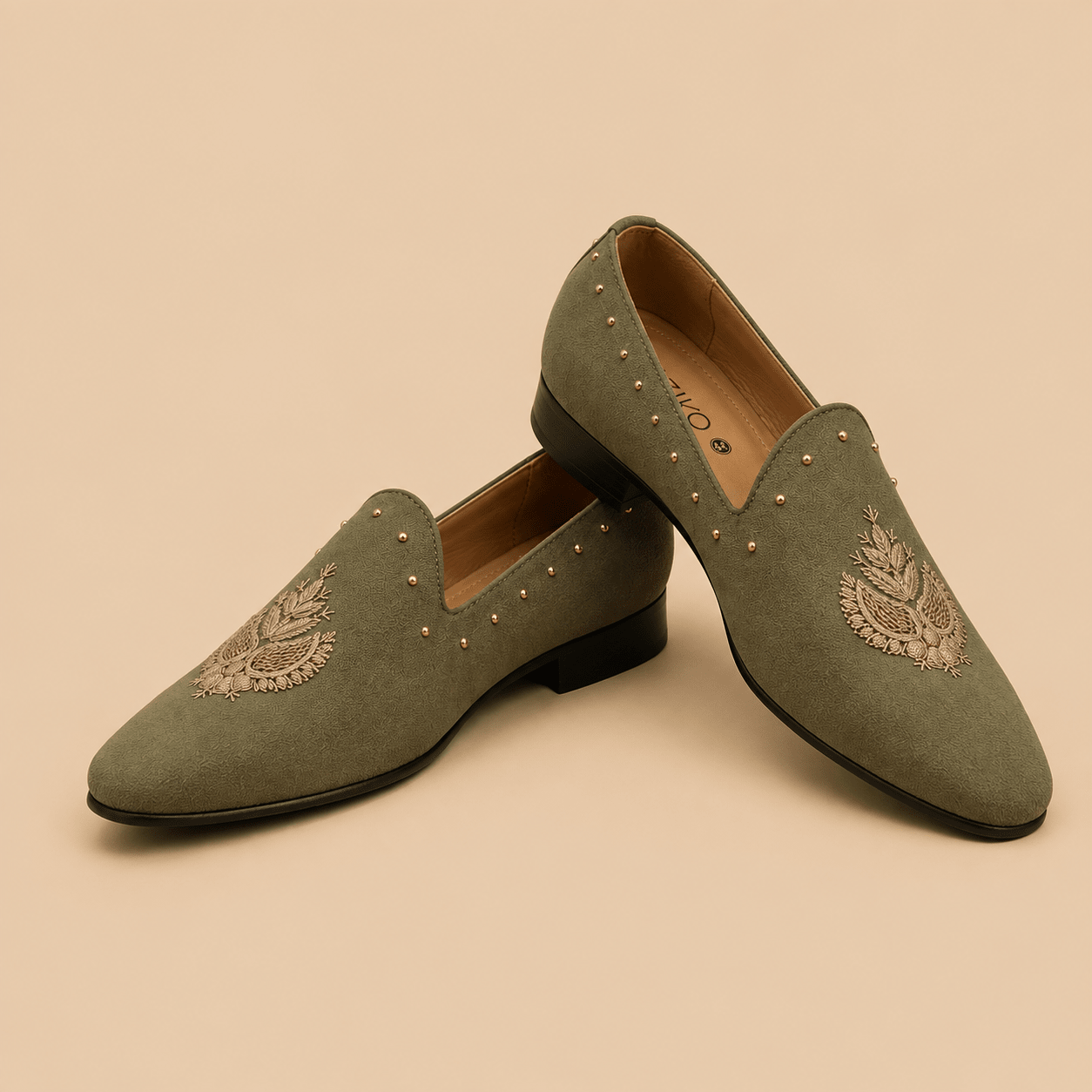 Men's Olive Green Embroidered Studded Vegan Leather Slip-On Loafers - Zikolifestyle
