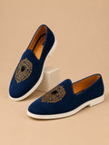 Men's Royal Blue Embroidered Jewel Accent Vegan Suede Slip-On Loafers