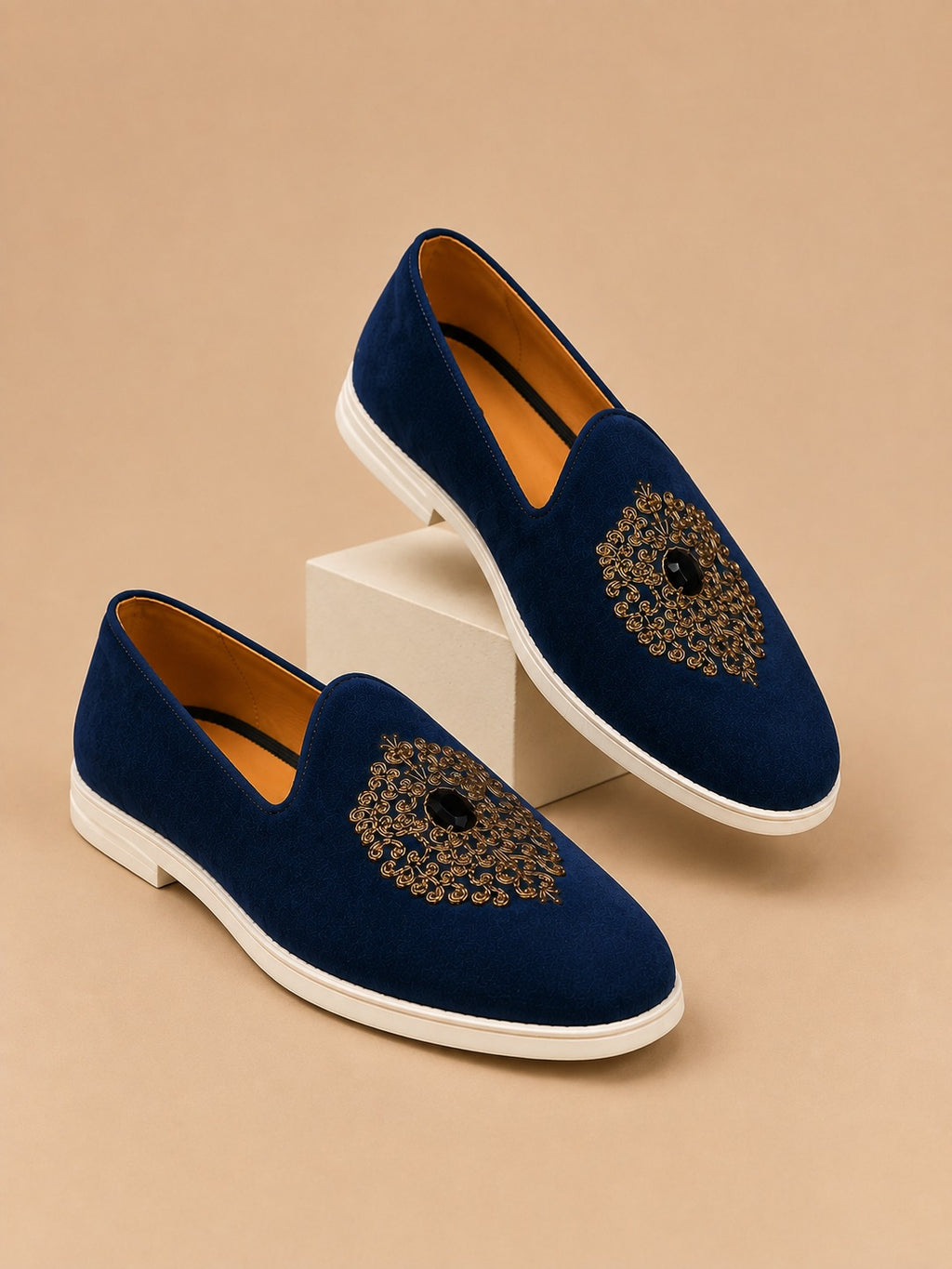 Men's Royal Blue Embroidered Jewel Accent Vegan Suede Slip-On Loafers
