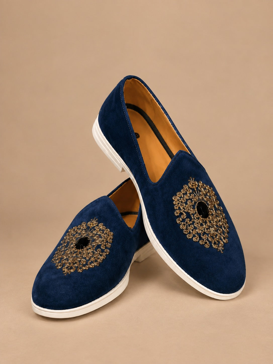 Men's Royal Blue Embroidered Jewel Accent Vegan Suede Slip-On Loafers