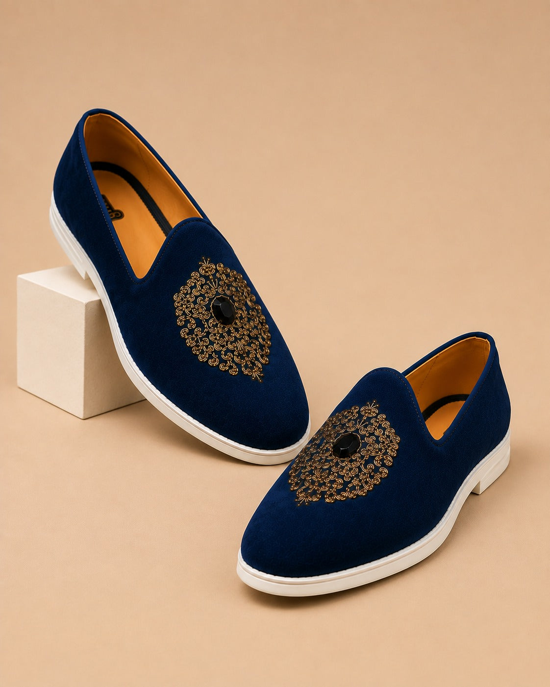Men's Royal Blue Embroidered Jewel Accent Vegan Suede Slip-On Loafers