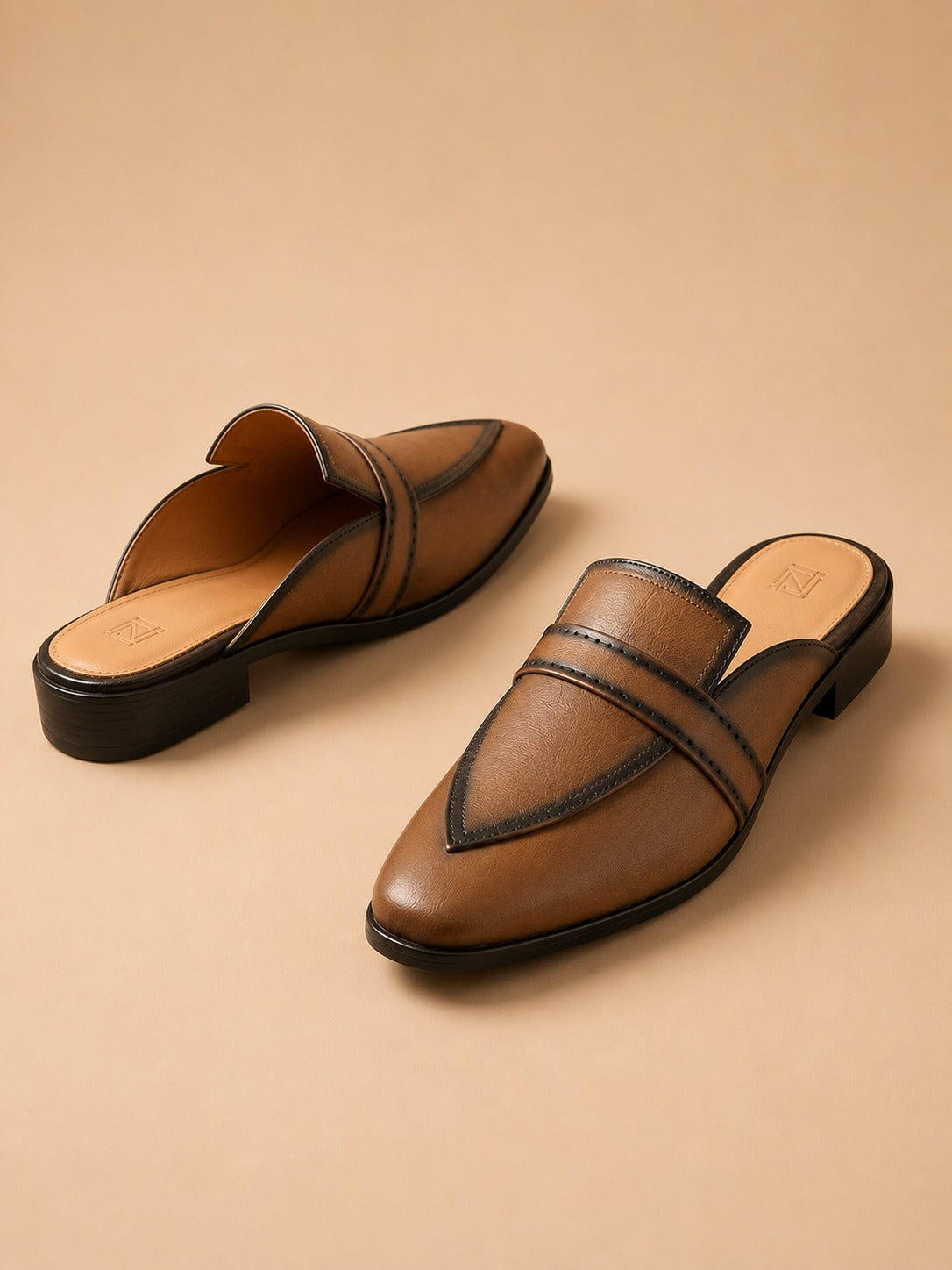 Men's Tan Classic Penny Strap Vegan Leather Mule Loafers