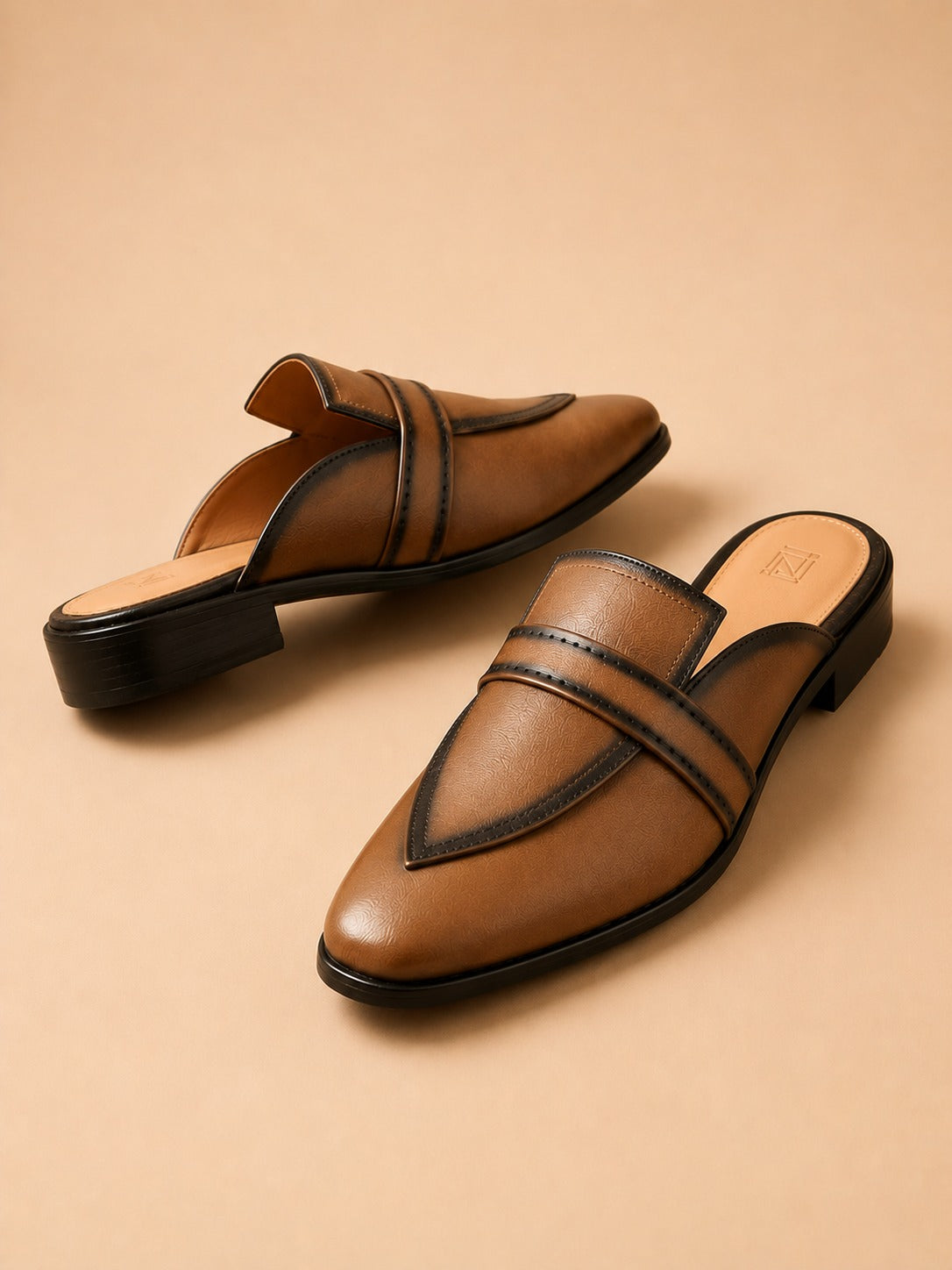Men's Tan Classic Penny Strap Vegan Leather Mule Loafers