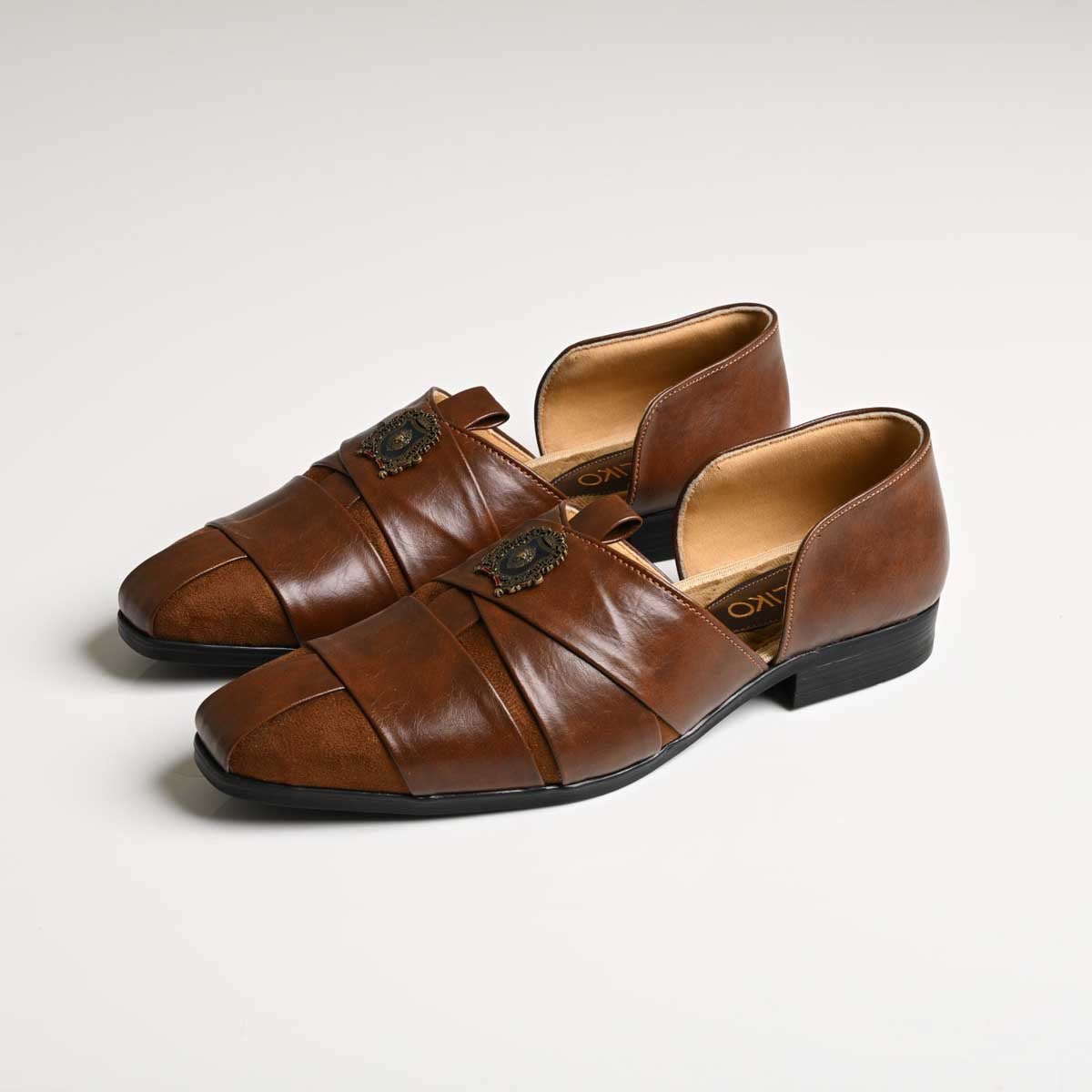 Men's Tan Layered Strap Vegan Leather Ethnic Slip-On Shoes - Zikolifestyle