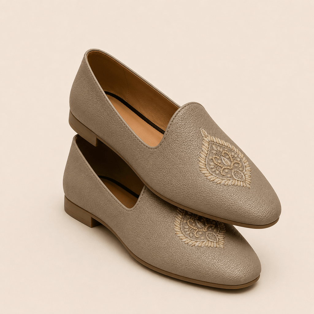 Men's Taupe Embroidered Vegan Leather Slip-On Loafers - Zikolifestyle