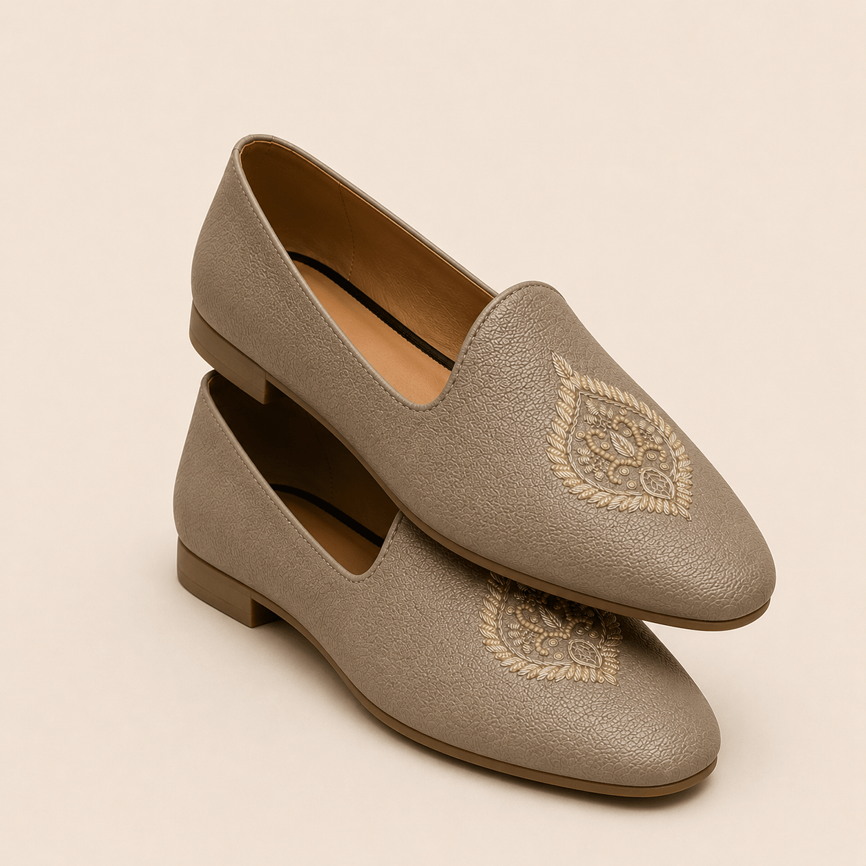 Men's Taupe Embroidered Vegan Leather Slip-On Loafers - Zikolifestyle
