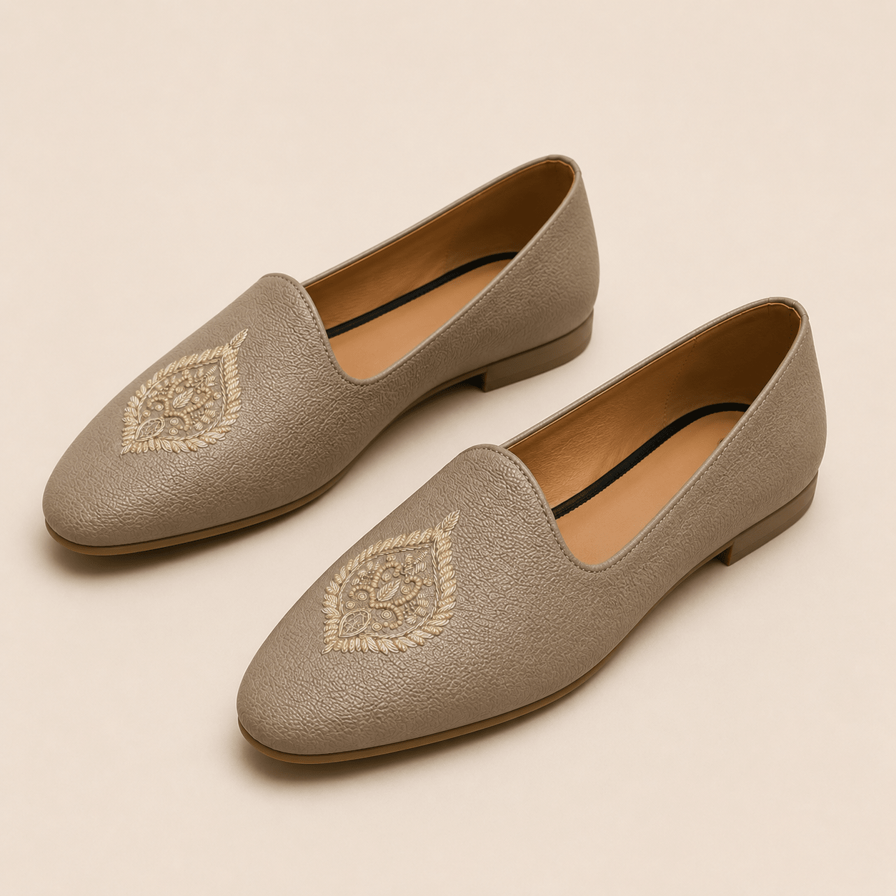 Men's Taupe Embroidered Vegan Leather Slip-On Loafers - Zikolifestyle