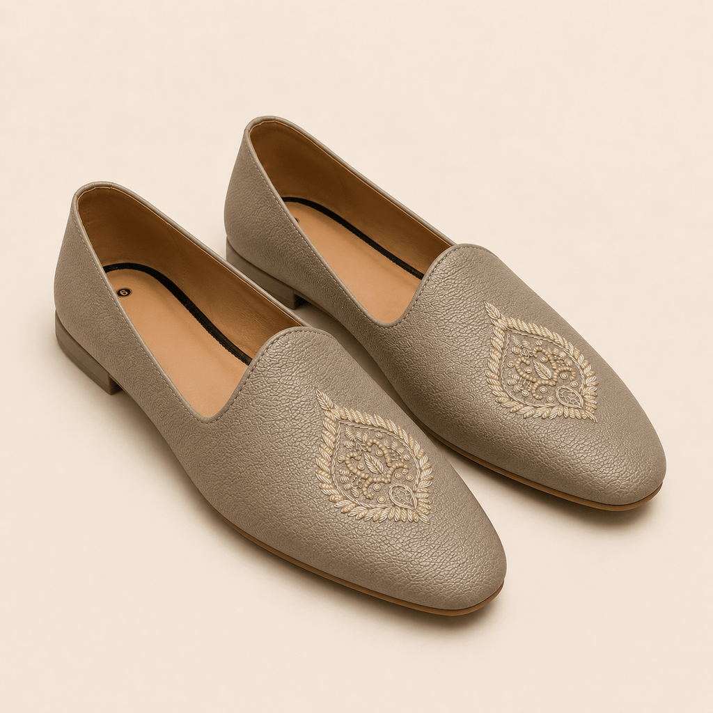 Men's Taupe Embroidered Vegan Leather Slip-On Loafers - Zikolifestyle